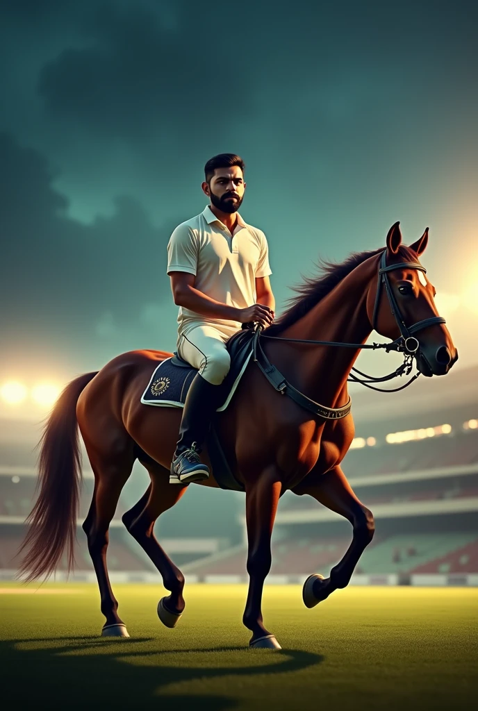 Virat Kohli riding horse in cricket field in night 