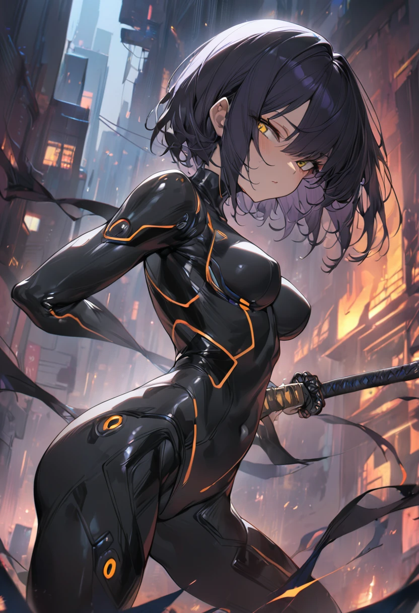 1girl, black cyber suit,[(black hair:1.2):(purple hair:1.2):0.5],short hair, straight hair,black katana,Iai, Black mask, yellow eyes, narrow eye, overwrought,masterpiece,best quality, ultra detail, beautiful eyes,perfect hand,