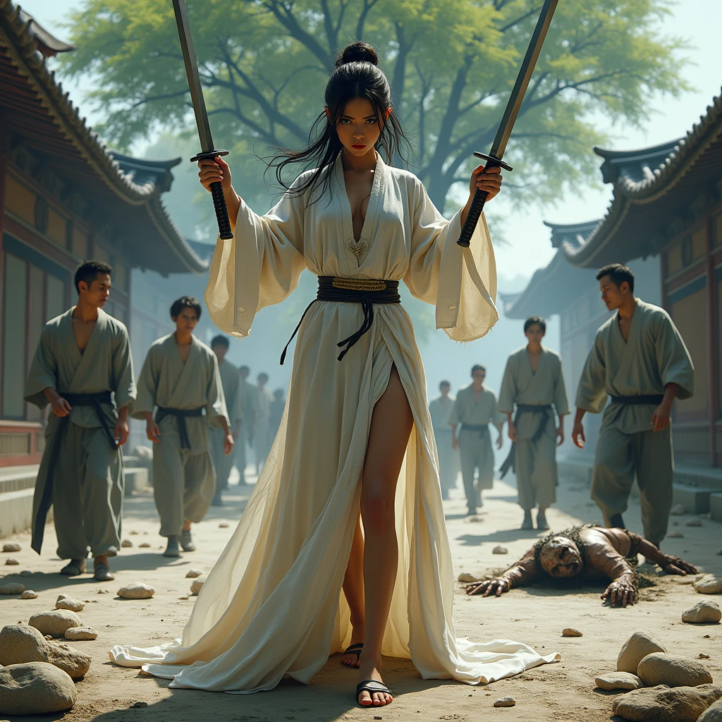 A beautiful young woman with a fierce look in a torn white dress, a long torn skirt that revealed her Hanfu underwear, was holding a pair of swords. A pair of young men in grey clothes stared at the middle of the deserted courtyard. They looked at the uninhabited area and saw a hideous zombie lying dead on the ground next to them by a large tree, along with a group of zombies walking towards them.