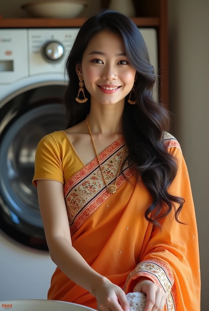 beautiful asian girl,saree,(Best quality, 8k, 32k, perfect body, ultra detailed body)big breast,smilling,washing clothes,washing machine background