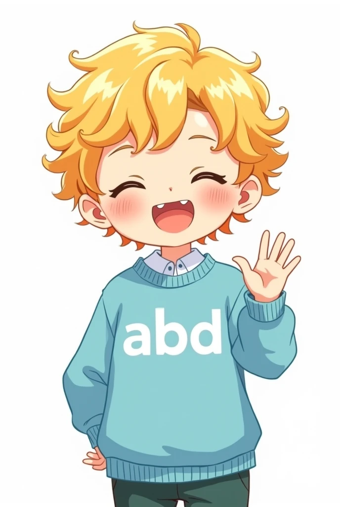 Make me a boy who looks like in anime, he has blonde curls and the background is white, he smiles with his eyes closed and waves, the background should also be white and he has a light blue sweater with ABD written on it in white letters and take away the pink from his cheeks