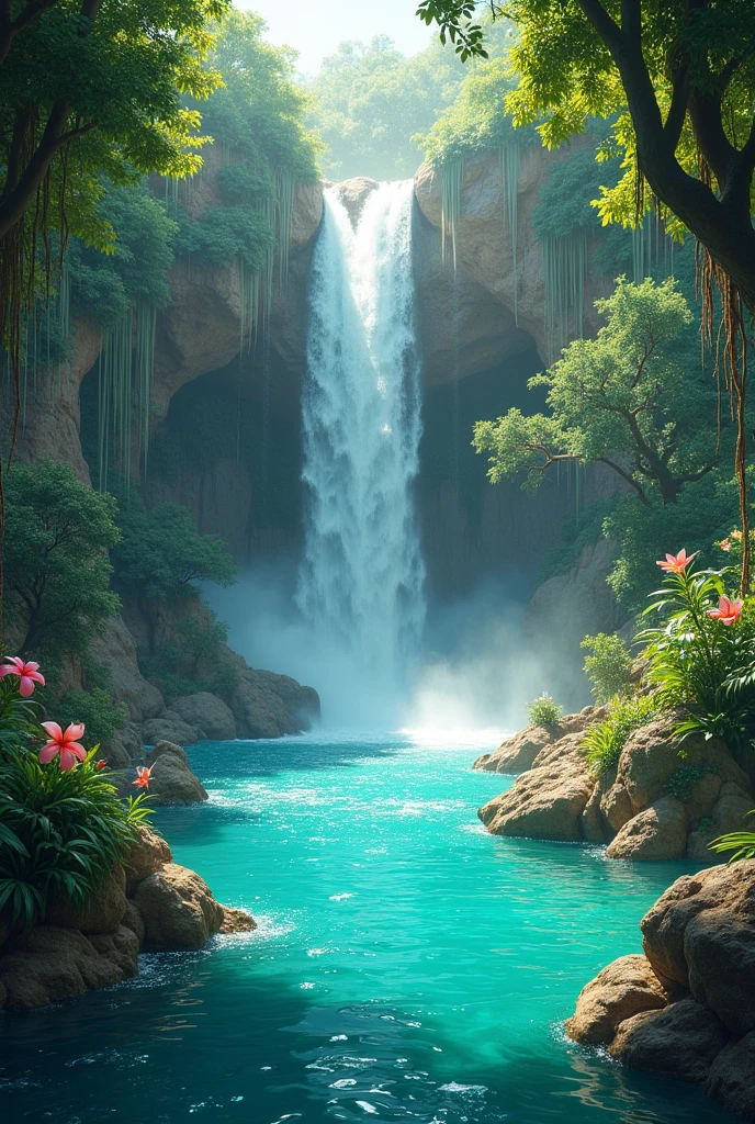 Peux-tu créer un monde paradisiaque avec une cascade, dune jungle, eau turquoise, format horizontal