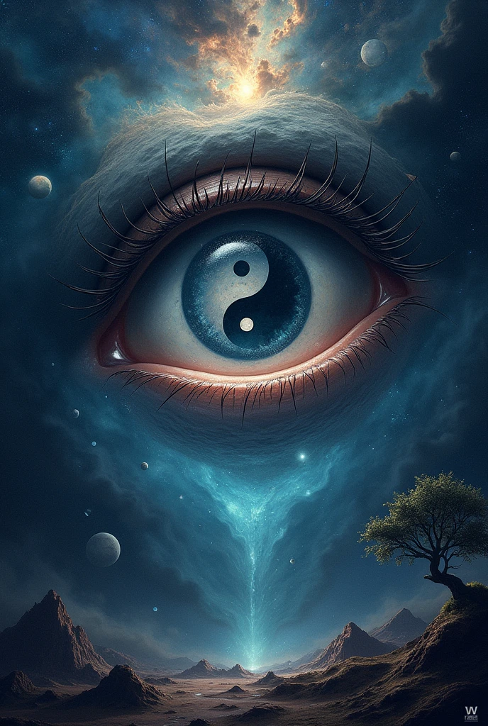 Create me a book cover Like the background is a some sort of the universe and in between or in any part, there is a big mysterious eye, and inside that eye, there is the symbol yinyang make it kinda dark