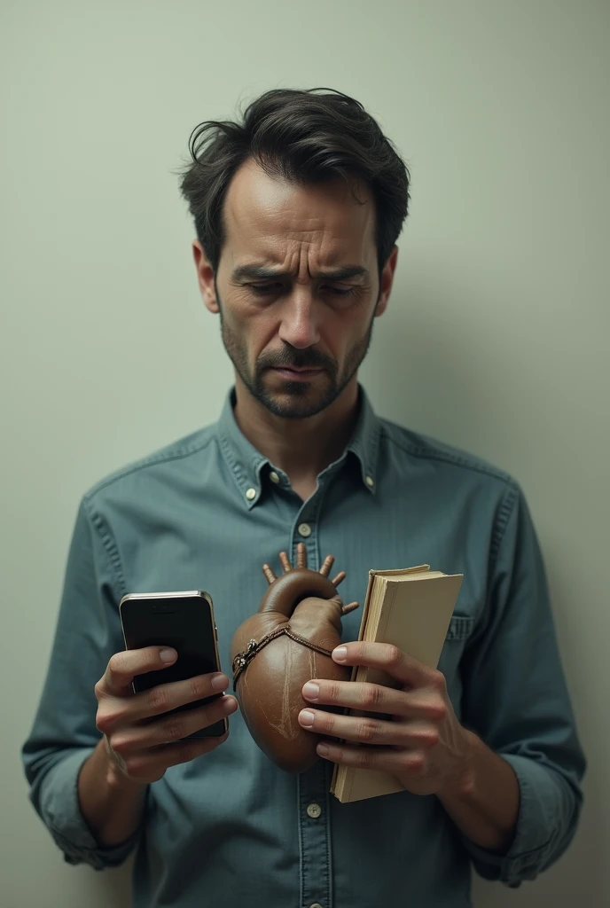 A man hold a Phone on the right hand, a book on the left hand. It seems that the phone started to suck in the mans face, whereas the book is accumilating the man's heart