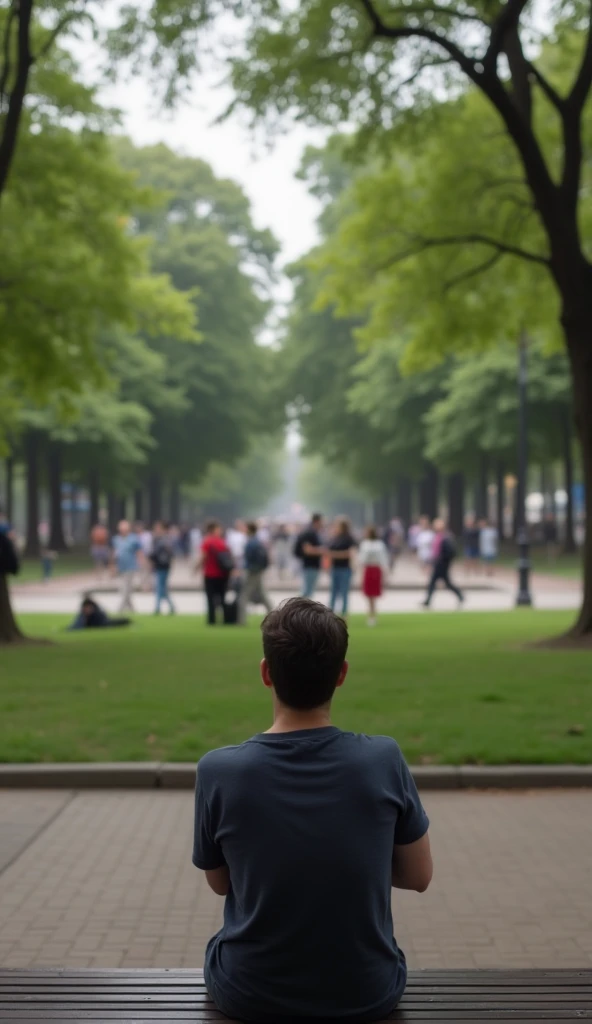 A peaceful urban park scene, where a person is sitting on a bench looking thoughtful and calm, while around them people rush by in a blur. The person's face shows tranquility amidst the chaos, emphasizing the power of perspective and staying grounded.