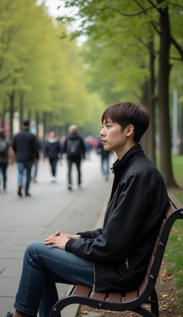 A peaceful urban park scene, where a person is sitting on a bench looking thoughtful and calm, while around them people rush by in a blur. The person's face shows tranquility amidst the chaos, emphasizing the power of perspective and staying grounded.