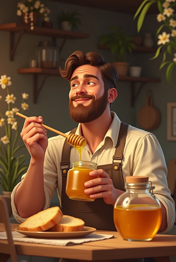 Create an image of a man enjoying a spoonful of honey. The man should be in a cozy kitchen setting, holding a jar of golden honey in one hand and a wooden honey dipper in the other, with honey dripping from the dipper into his mouth. His expression should be one of contentment and delight, with a gentle smile on his face. The background can feature warm, earthy tones, with a rustic wooden table, a few fresh bread slices, and a small vase with flowers, enhancing the homely atmosphere."