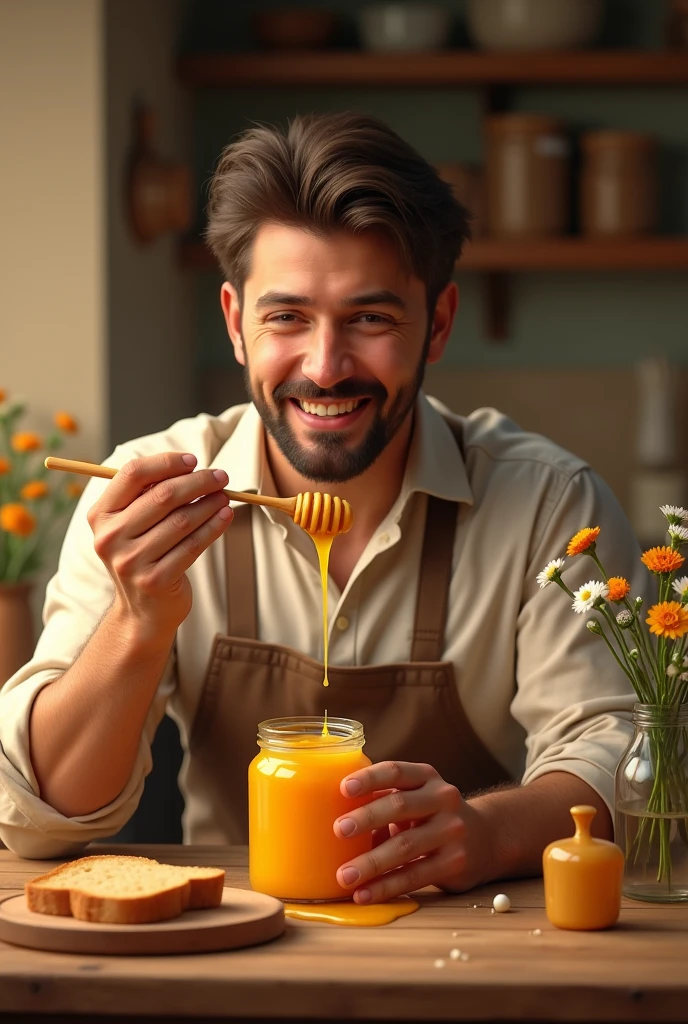 Create an image of a man enjoying a spoonful of honey. The man should be in a cozy kitchen setting, holding a jar of golden honey in one hand and a wooden honey dipper in the other, with honey dripping from the dipper into his mouth. His expression should be one of contentment and delight, with a gentle smile on his face. The background can feature warm, earthy tones, with a rustic wooden table, a few fresh bread slices, and a small vase with flowers, enhancing the homely atmosphere."