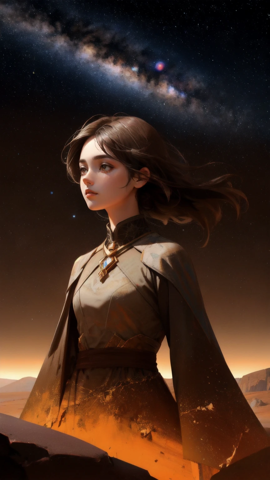 Depict a powerful, stone-like girl emerging from the cracked, barren earth, surrounded by a cosmic background. The landscape and sky are dominated by shades of brown, giving the scene an earthy, grounded feel. The girl’s form is partially covered in fragments of rock, symbolizing resilience. The background features planets and stars, all bathed in warm brown hues, creating an otherworldly atmosphere with the theme 'Mt. Gox Survivors.