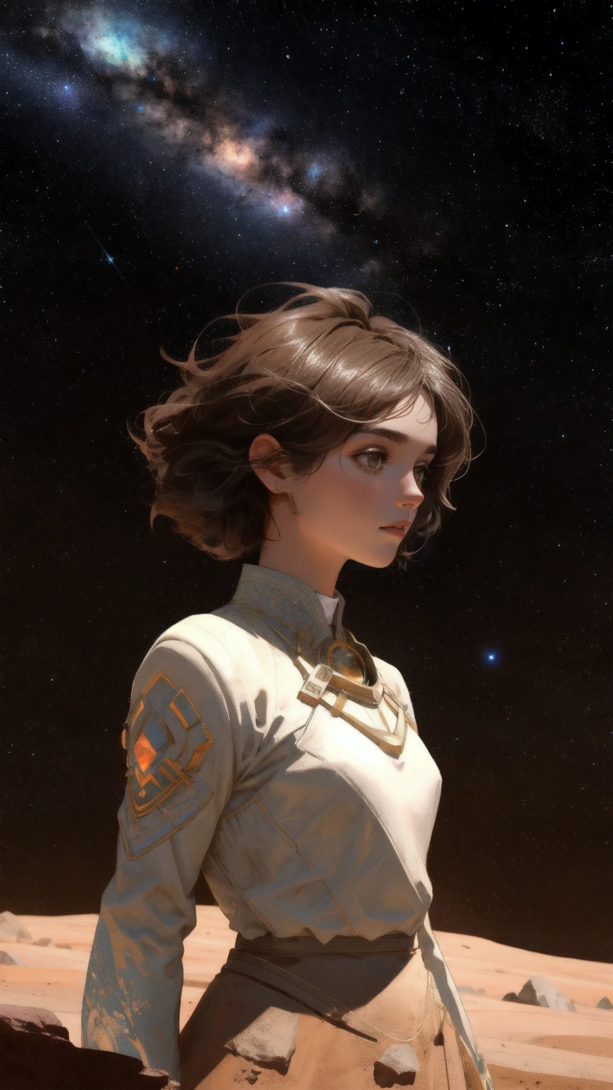 Depict a powerful, stone-like girl emerging from the cracked, barren earth, surrounded by a cosmic background. The landscape and sky are dominated by shades of brown, giving the scene an earthy, grounded feel. The girl’s form is partially covered in fragments of rock, symbolizing resilience. The background features planets and stars, all bathed in warm brown hues, creating an otherworldly atmosphere with the theme 'Mt. Gox Survivors.
