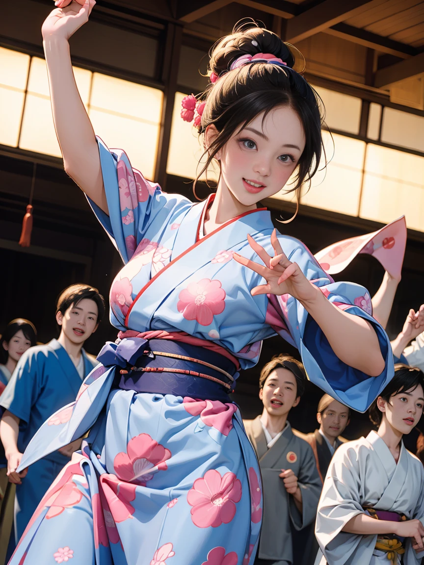 (Japan Bon Odori,最高masterpiece,Highest quality), Hot August,Bright vibrant anime art,People of all ages and genders dance and dance, Dancing in yukata,Dancing with laughter, Men and women, let's dance in a circle, dancing hero,Laugh Laugh,Dance Dance,Dancing in the square,Tokyo Marunouchi Station Square,masterpiece,Highest quality,High resolution,