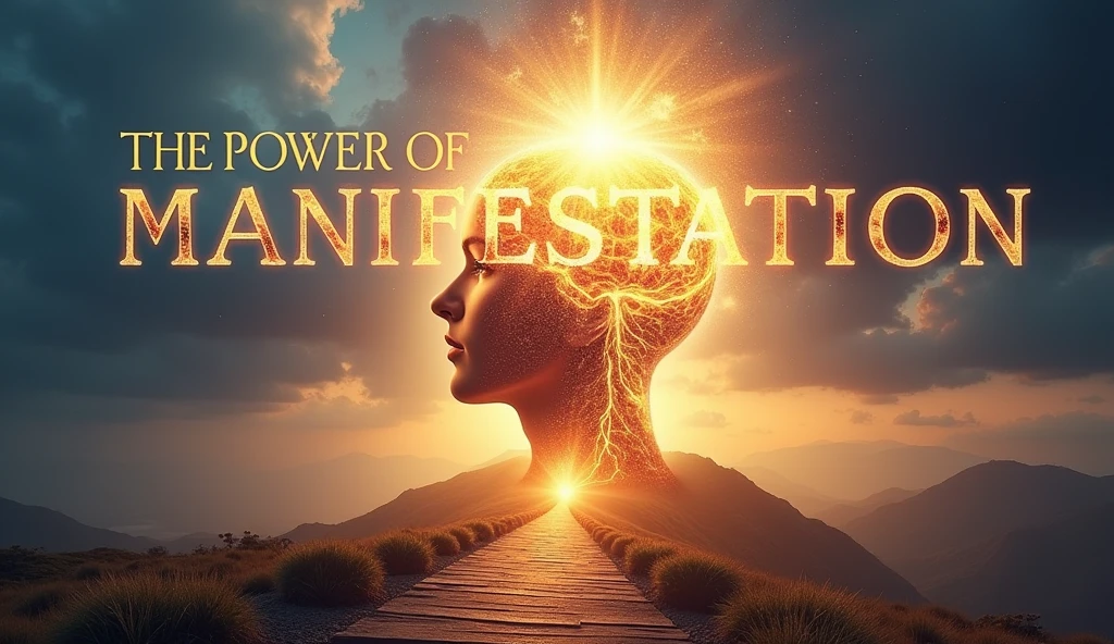 Create a YouTube thumbnail with the title "The Power of Manifestation" in large, bold, and vibrant font. The word "Manifestation" should be particularly emphasized with a glowing or gradient effect to make it stand out. The background should feature an image of a mind or head with a radiant light or aura emanating from it, symbolizing thoughts or energy. The overall color scheme should be uplifting and inspiring, using shades of gold, blue, and purple. Include subtle symbols of success, such as a path leading upwards or ascending light beams, to visually suggest the concept of manifestations.