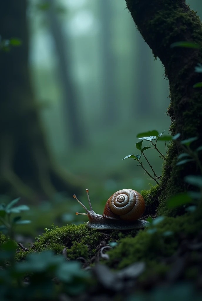Create a nature image with a snail in the corner of the image, with dark filters 