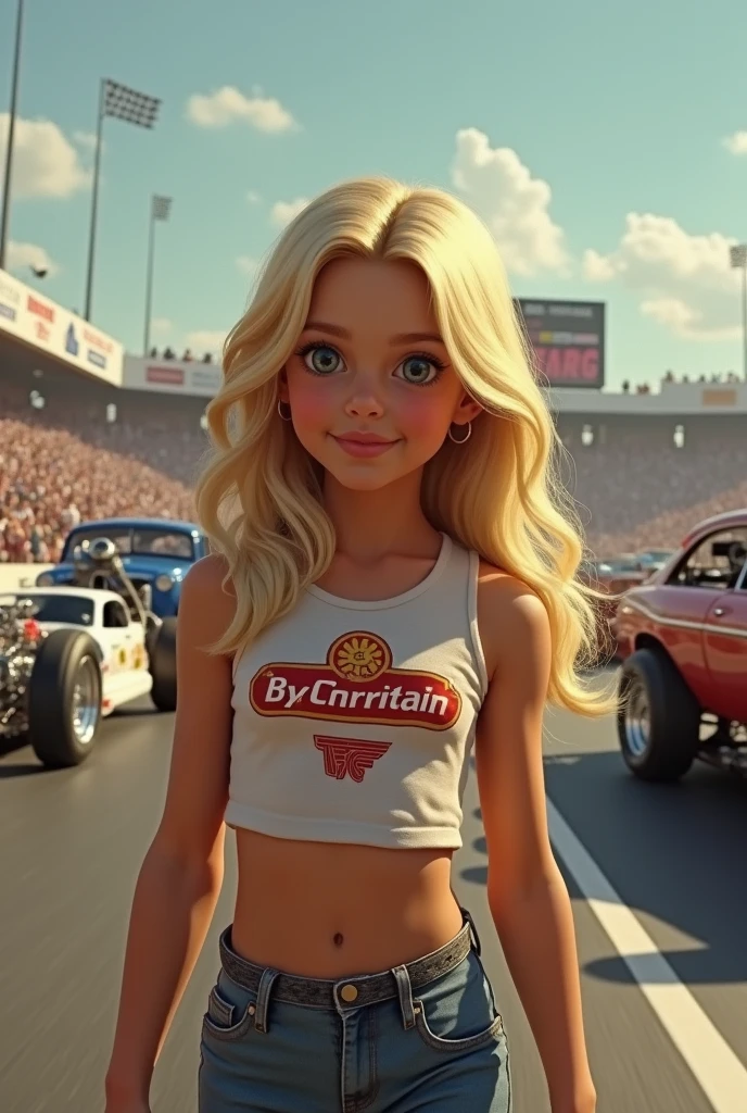 Blonde girl, 2, 1970s, Drag Racing Queen, tight tank top, with sponsor's brand, facing the spectator. In starting pose. In the background, dragsters positioned, large audience in the stands.