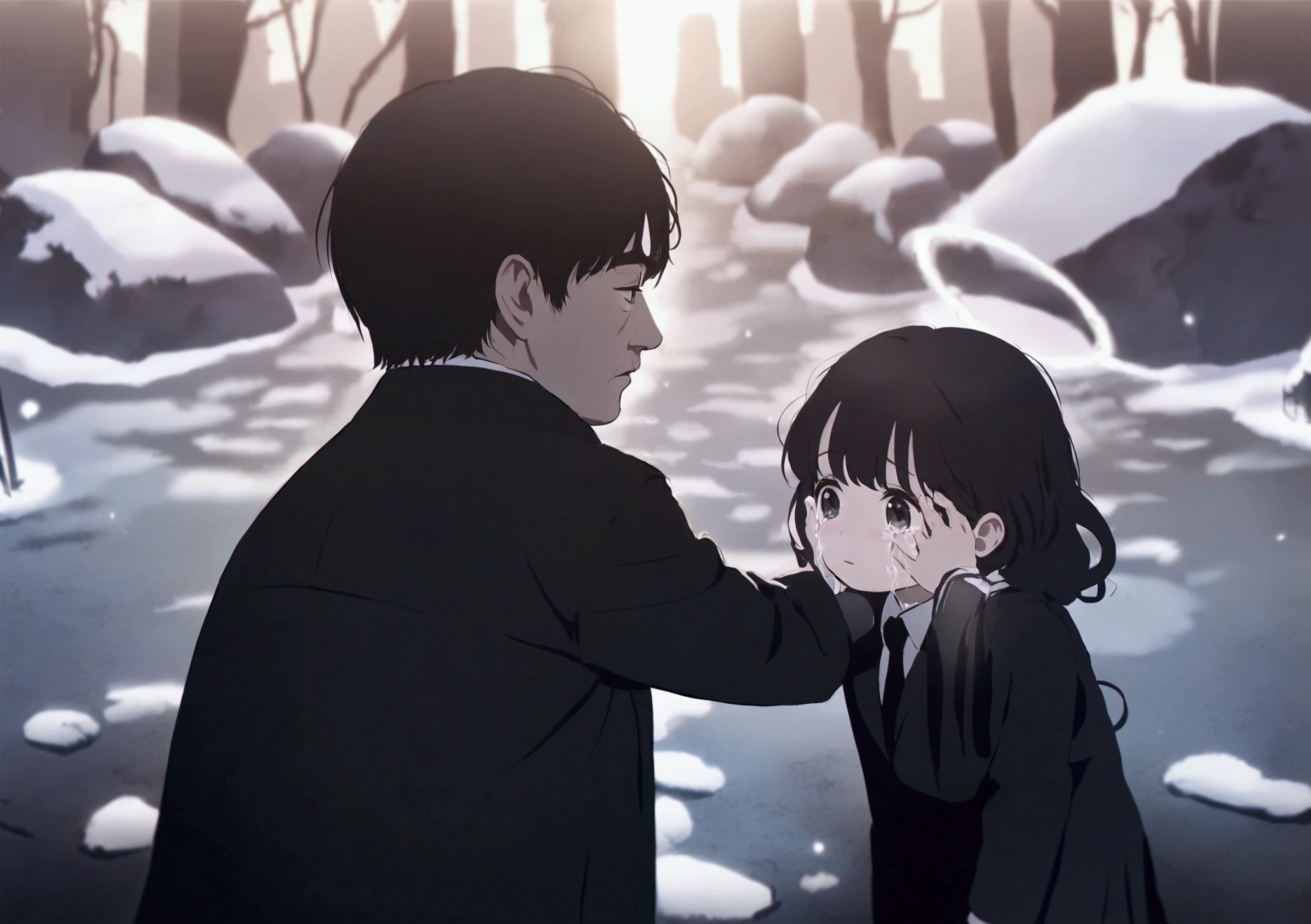 little female child, with black hair and black eyes. her father, who has black hair and black eyes, with a black suite is with her. both of them crying at the cemetery. 