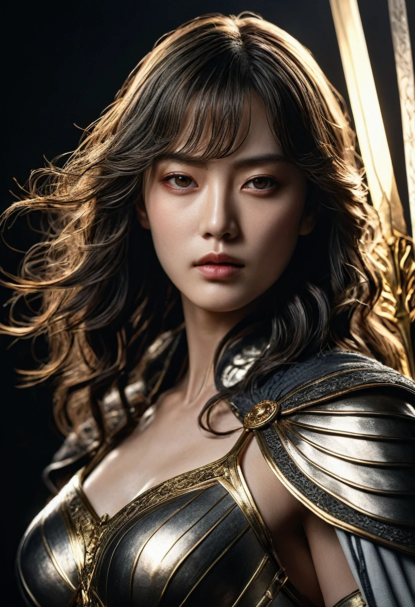 genius idol Akechi, long hair, black hair, subtle makeup, golden hour, photorealistic, high contrast, 8k HD, detailed, hyper-detailed, realistic skin texture, tiny breast, best quality, ultra high res, raw photo, dramatic lighting, unreal engine, diffuse glow intricate silver eaba, white imperial cape, spear, sword, no helm, intricate details High Quality, 8k, Realistic, Ultra-Detailed, Dramatic Lighting, Soft Focus, Digital Illustration, Intense Expression, Strong Gaze, Intense Emotion, Complex Mechanics, Advanced Technology, Dark Background, Cinematic, High Contrast, Moody, Strict, Atmosphere, (Best Quality, 4k, 8k, High Definition, Masterpiece: 1. 2 ), ultra-detailed, (realistic, graphic, photorealistic:1.37) --no glass