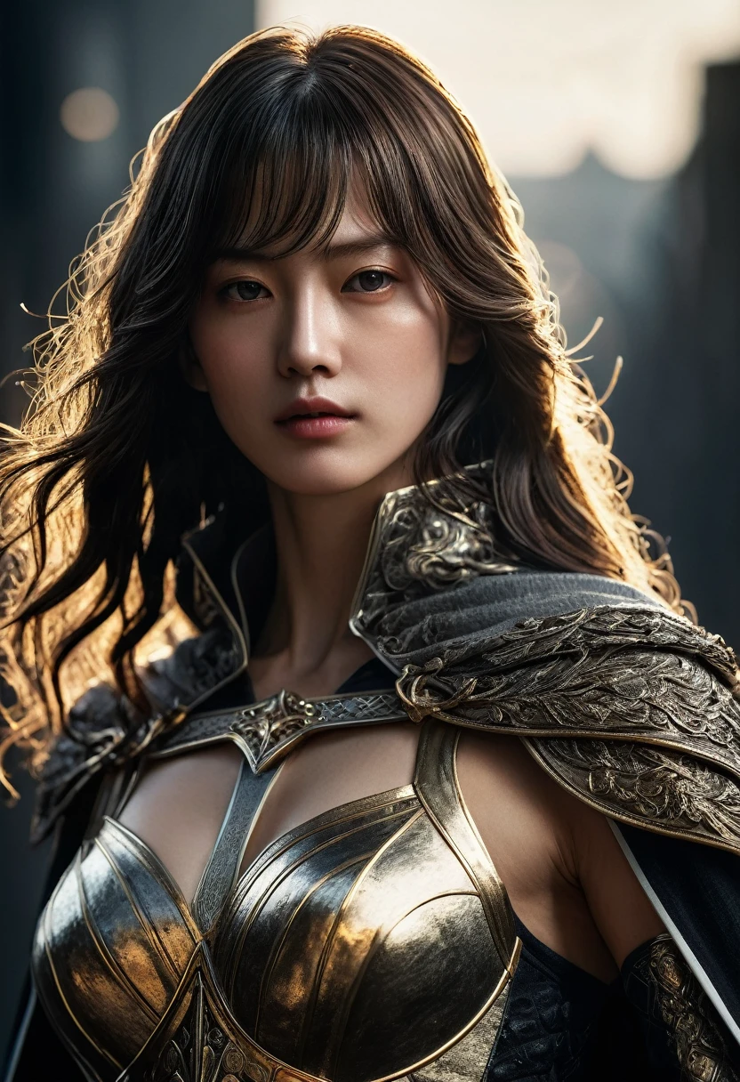 genius idol Akechi, long hair,  black hair, subtle makeup, golden hour, photorealistic, high contrast, 8k HD, detailed, hyper-detailed, realistic skin texture, tiny breast, best quality, ultra high res, raw photo, dramatic lighting, unreal engine, diffuse glow  intricate silver eaba, white imperial cape, spear, sword, no helm,  intricate details High Quality, 8k, Realistic, Ultra-Detailed, Dramatic Lighting, Soft Focus, Digital Illustration, Intense Expression, Strong Gaze, Intense Emotion, Complex Mechanics, Advanced Technology, Dark Background, Cinematic, High Contrast, Moody, Strict, Atmosphere, (Best Quality, 4k, 8k, High Definition, Masterpiece: 1. 2 ), ultra-detailed, (realistic, graphic, photorealistic:1.37) --no glass