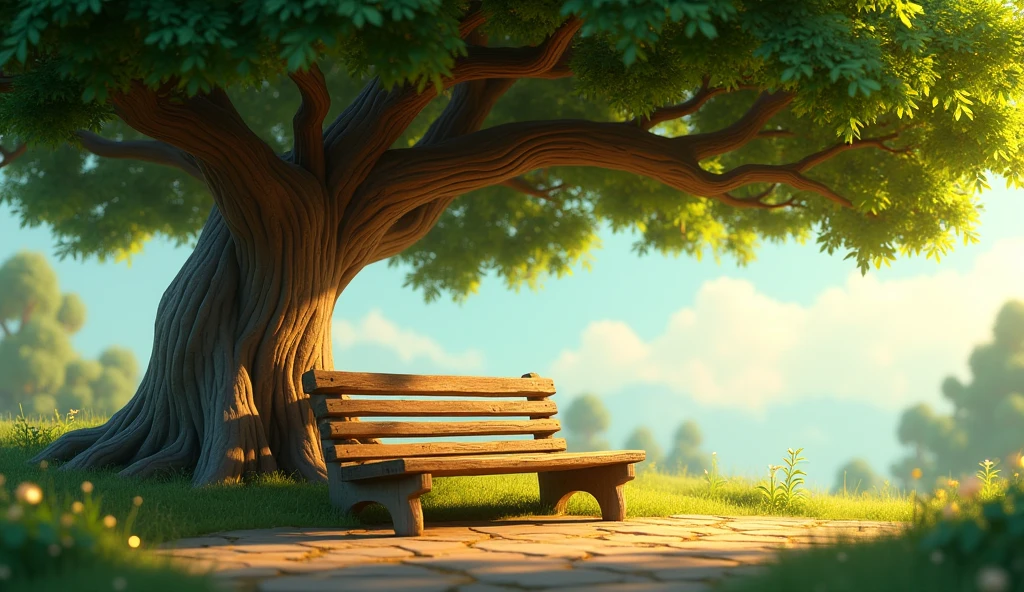 Old Wooden Bench Under Oak Tree:A wooden bench placed under a large, sprawling oak tree.
3d animation ,disney and inspiration