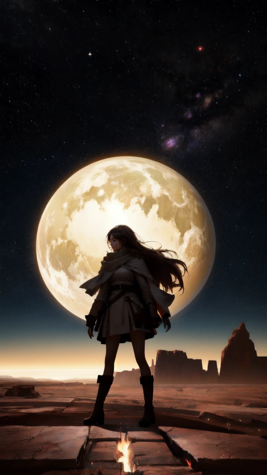 Illustrate a massive, stone-formed girl standing in a desolate, cracked brown landscape, her figure exuding strength and endurance. The background is a surreal, brown-toned cosmic scene with distant planets and swirling galaxies, reinforcing the theme of 'Mt. Gox Survivors.' The girl is depicted as if she’s just risen from the ground, with chunks of earth still clinging to her, symbolizing her survival and strength amidst adversity.