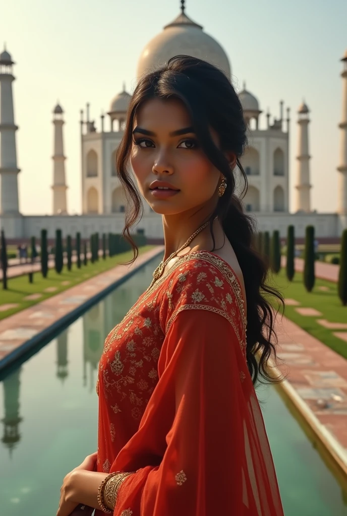 sexy girl,detailed face,ultra detailed,hot body,kurta,taj mahal background,