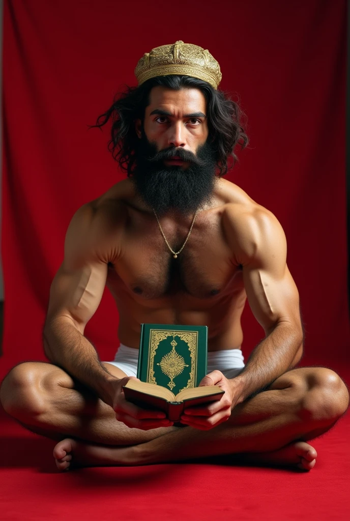 Young strong hairy and bearded Bolivian man in white underwear, Islamic cap on the head, sitting on the red carpet reading a green-covered holy book in his hands.