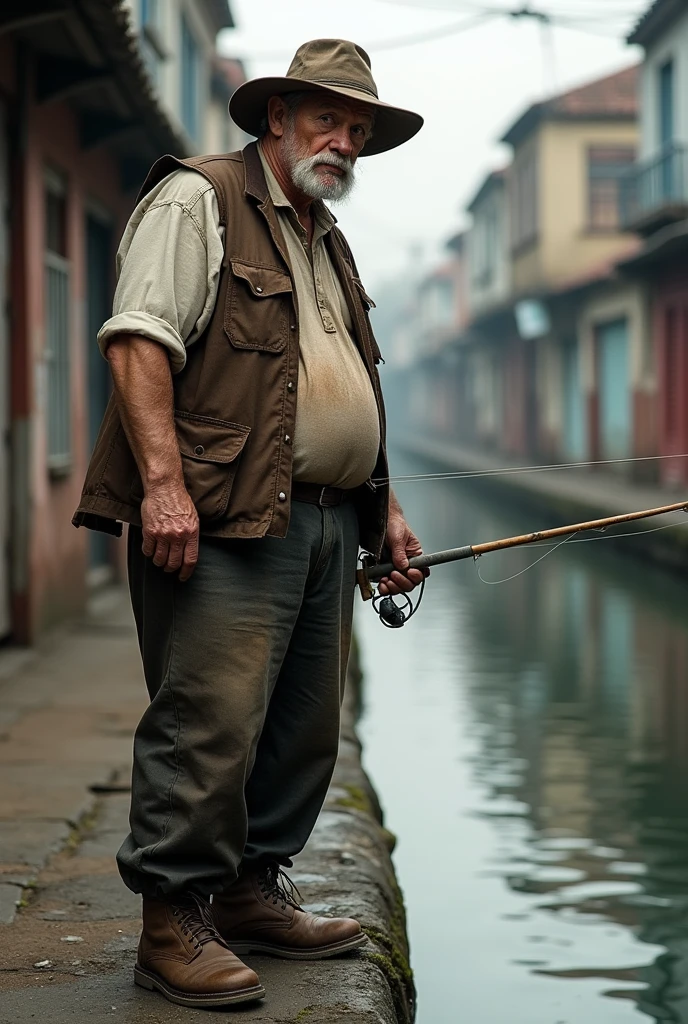 old man, macular, good looking, wearing dirty white Henley, brown cotton waist coat, dark brown jacket, blue jeans, worker style, rugged clothes, white mustache, working hat, leather old shoes, tall man, fishing by the water channel inside the city
