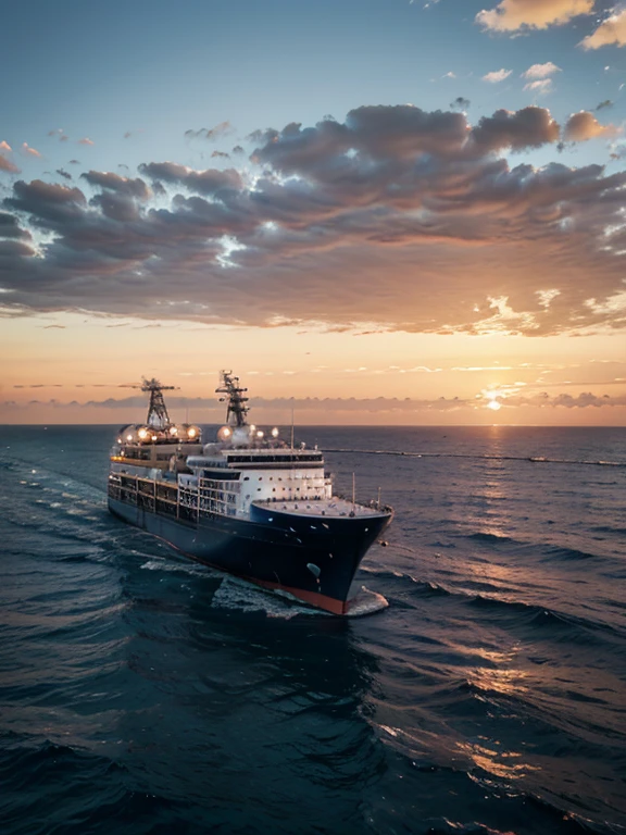 Big liner in the ocean at sunset