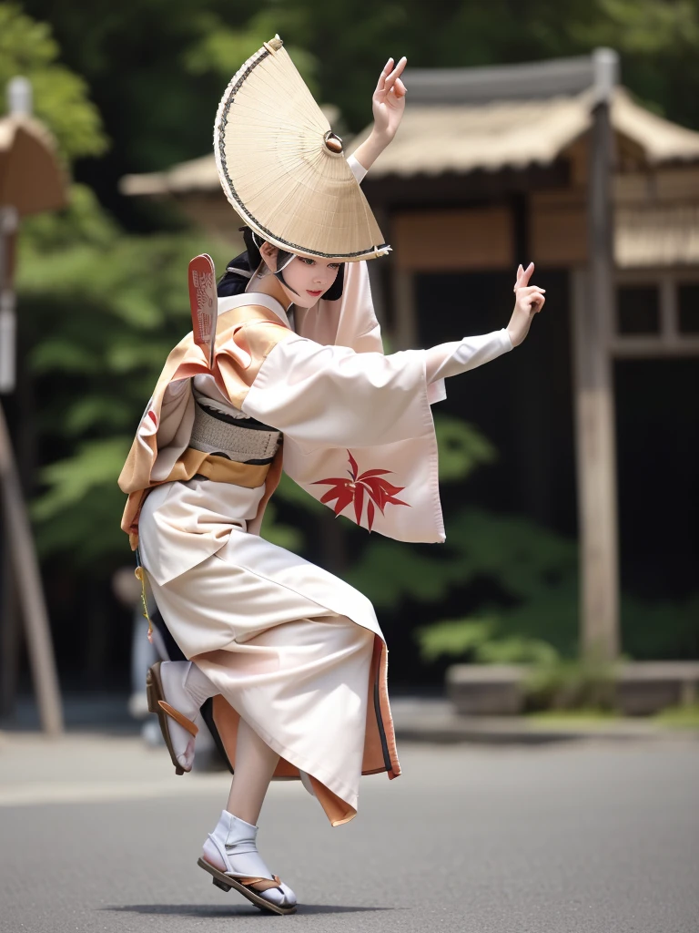 Photo-realistic quality、A woman wearing a pale pink kimono and a hat is in the park,White sleeves、 traditional Japanese kimono, A professional masterpiece, Beautiful images, Japanese Model, Traditional Japanese Kimono Japanese Bon Odori,A soft and gentle look、Woman dancing Awa Odori、White Arms、Wearing black clogs