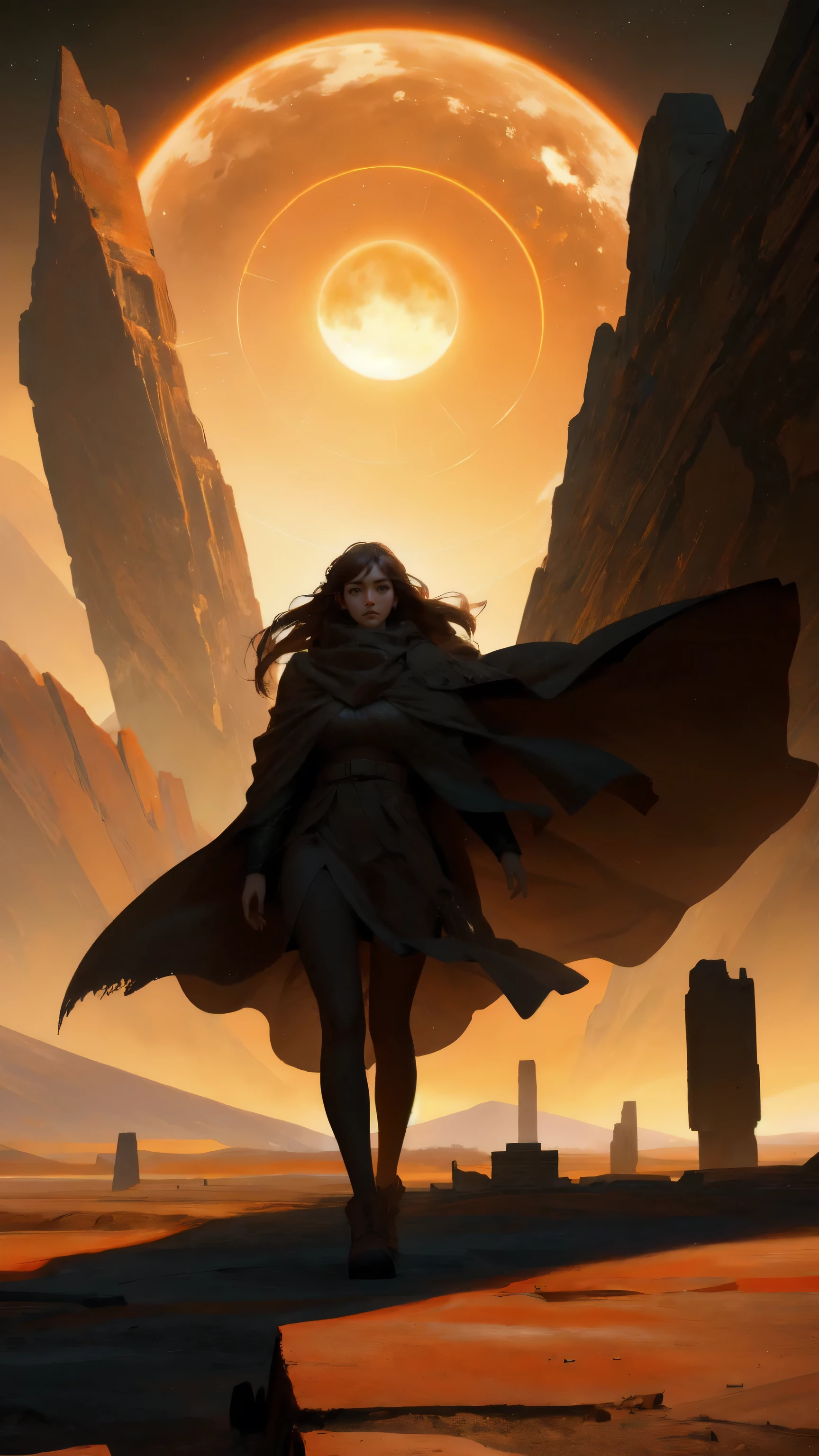 Create a scene with a colossal girl made of stone, towering over a cracked, brown landscape. The girl is in the process of emerging from the ground, with pieces of rock floating around her, highlighting her immense strength. The background is a cosmic expanse featuring distant planets and a galaxy, all rendered in warm brown tones. The entire scene conveys the theme of 'Mt. Gox Survivors,' emphasizing resilience and power in a brown-toned, otherworldly setting.