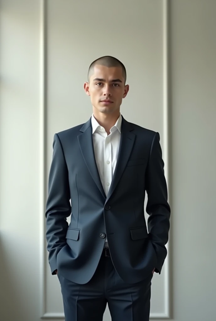 A young man facing forward is in a 4k bald half body room wearing formal clothes