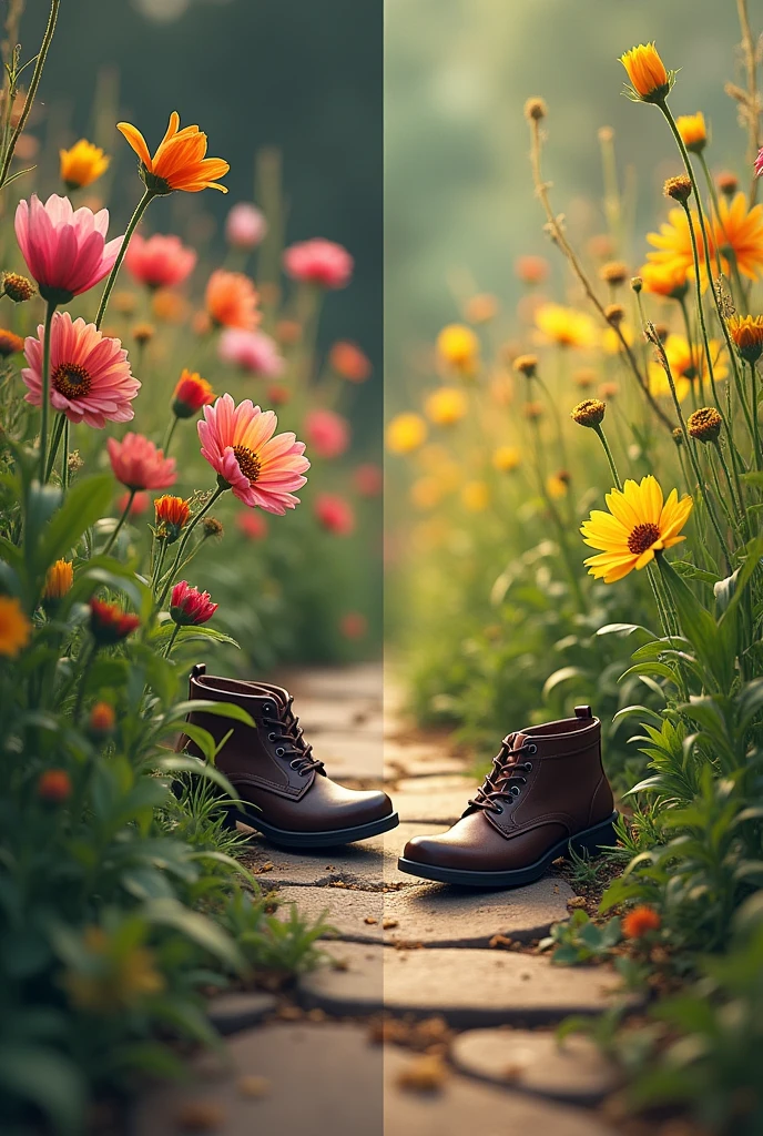 Give me the collage of two pictures in which A pair of shoes walking along a path, each pair going in a different direction, or different flowers blooming in their own time.