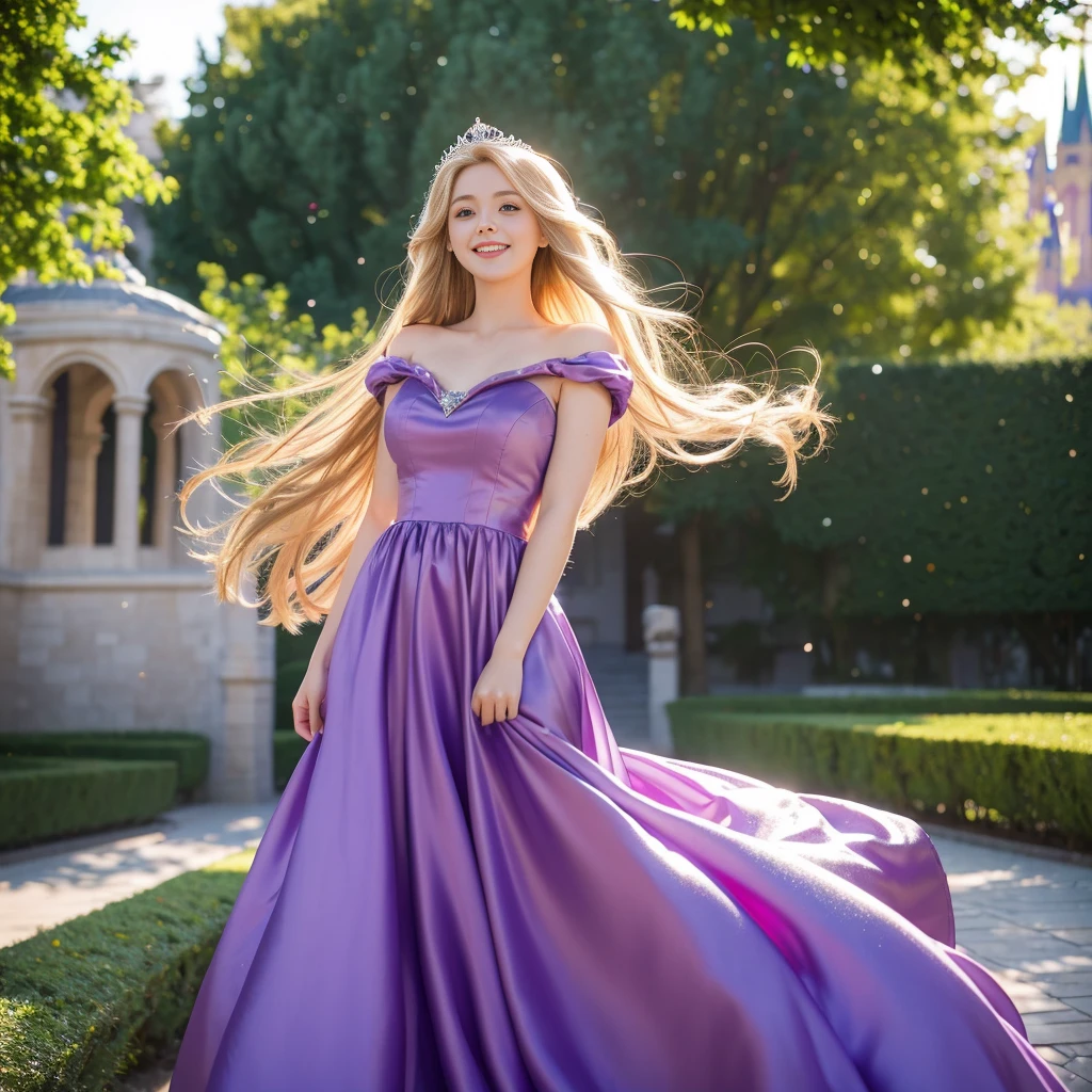 best quality, masterpiece, 1 girl, A huge laugh, cute teen, long blonde hair, shiny lips, sweet, sun glare, Conservative attire, Disney Princess Rapunzel, Purple dress, Bridal Tiara, depth of field, blurred background, Cathedral Background, light particles, strong wind, head tilt