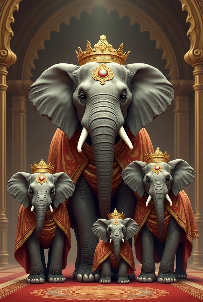 Royal 4 member family of elephants with royal costume in palace