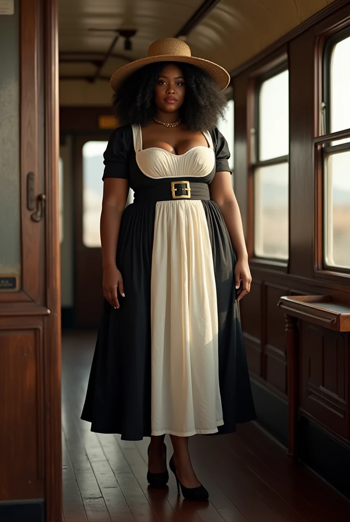 Hot cute fit tall thin African American black female. With fluffy hair. Massive xxl round breasts. Wearing a thin pligrim top hat. Wearing a white and black and brown pilgrim dress outfit. With pantyhose. Wearing pilgrim heels. Standing in the back of a train alone