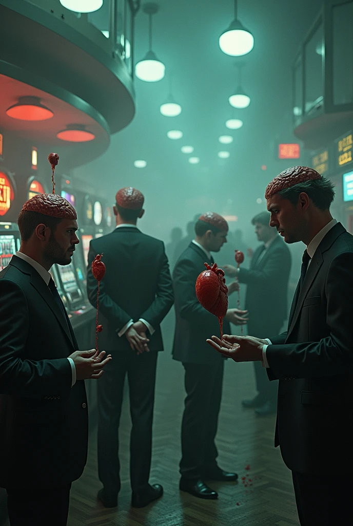 casino, slot machines, people with their brains in their hands, people with their hearts in their hands, fog