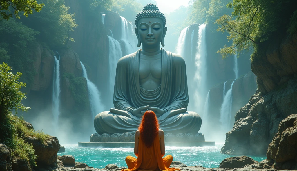 Arafed, fantasy art, a picture of  a female monk meditating at the base of a Buddha statue, there is a human woman monk wearing monk garbs, meditating near a (Buddha statue: 1.5), red hair, long hair, full body (best details, Masterpiece, best quality :1.5), ultra detailed face (best details, Masterpiece, best quality :1.5), ultra feminine (best details, Masterpiece, best quality :1.5), exquisite beautiful (best details, Masterpiece, best quality :1.5) red hair, long hair, wavy hair, pale skin, blue eyes, intense eyes, An epic sized Buddha statue, waterfall at forest background,  multi level water falls, several pools created in different levels, forming new waterfalls, water cascading into a pool, fantasy art, photorealistic, D&D art, ultra best realistic, best details, best quality, 16k, [ultra detailed], masterpiece, best quality, (extremely detailed), ultra wide shot, photorealism, depth of field