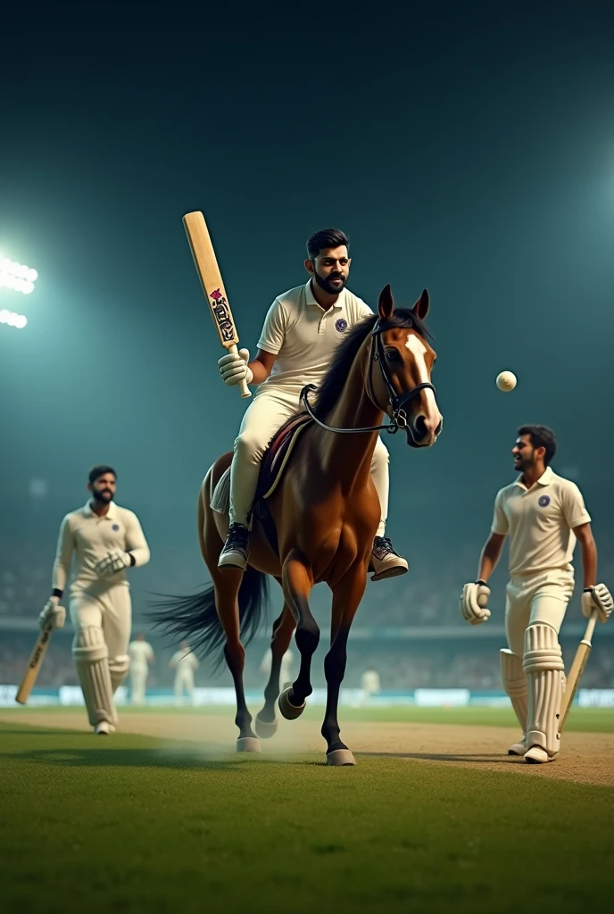 Virat Kohli riding horse in cricket field in night and playing cricket and all players laughing 