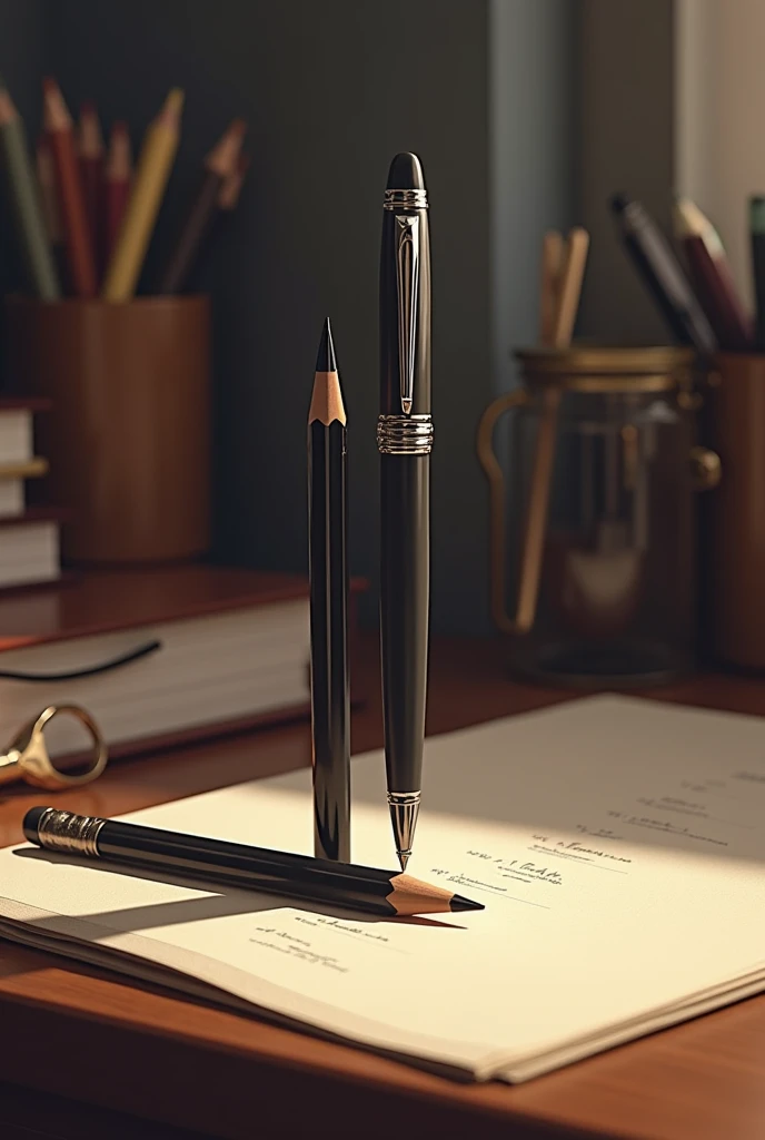 
- **Scene:** A desk with various stationery items. *Pen* stands upright, looking proud and sleek, while *Pencil* lies next to it, a bit worn with a slightly chewed-up eraser.

