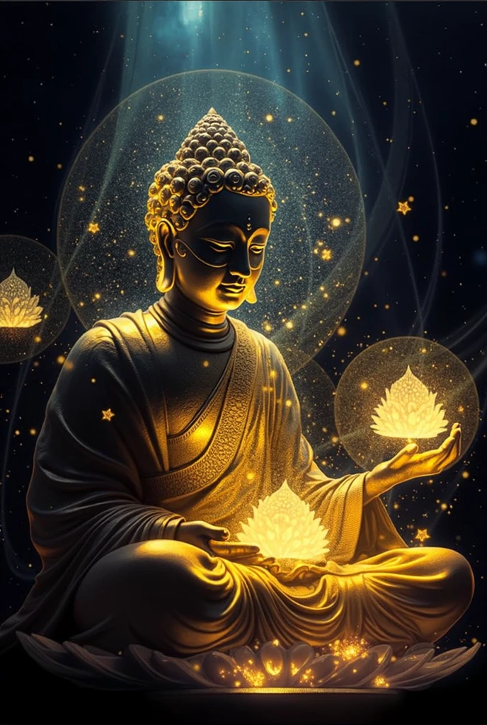 buddha with glowing lights and a glowing orb, buddhism, enlightenment. intricate, glowing from within, spiritual enlightenment, the buddha, on path to enlightenment, on the path to enlightenment, cosmic enlightenment, enlightened, beautiful depiction, emanating and flowing energy, samsara, glowing golden aura, an interdimensional being, the sacred cup of understading