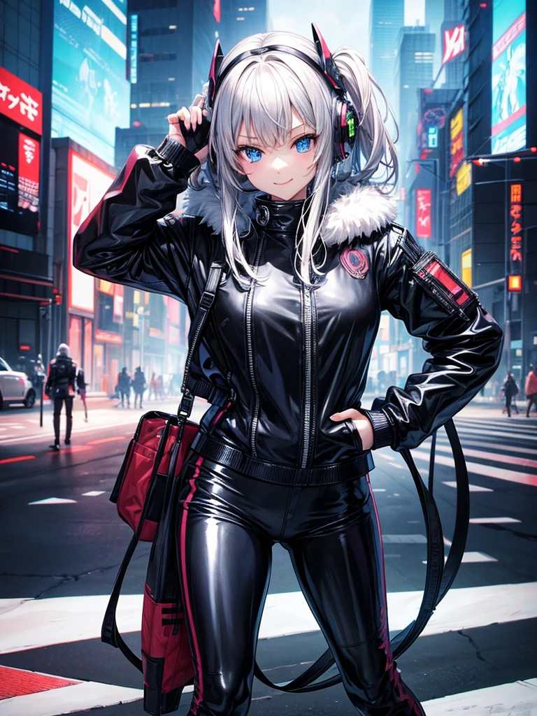 Best Quality,8k,middle School girls,Colorful latex suit,Bodysuits,smile,robotに乗る戦闘員,I'm grating my bangs,SF,Straight Hair,fur jacket,Hands in pockets,Leather pants,perfectionにまっすぐな髪型,Smooth hair,beautiful girl,blue eyes,Standing posture,Cyberpunk Girl,Naughty・モデル,Absurd,Wearing,robot,I'm horny,Naughty,masterpiece,perfection,smile,Long Hair,