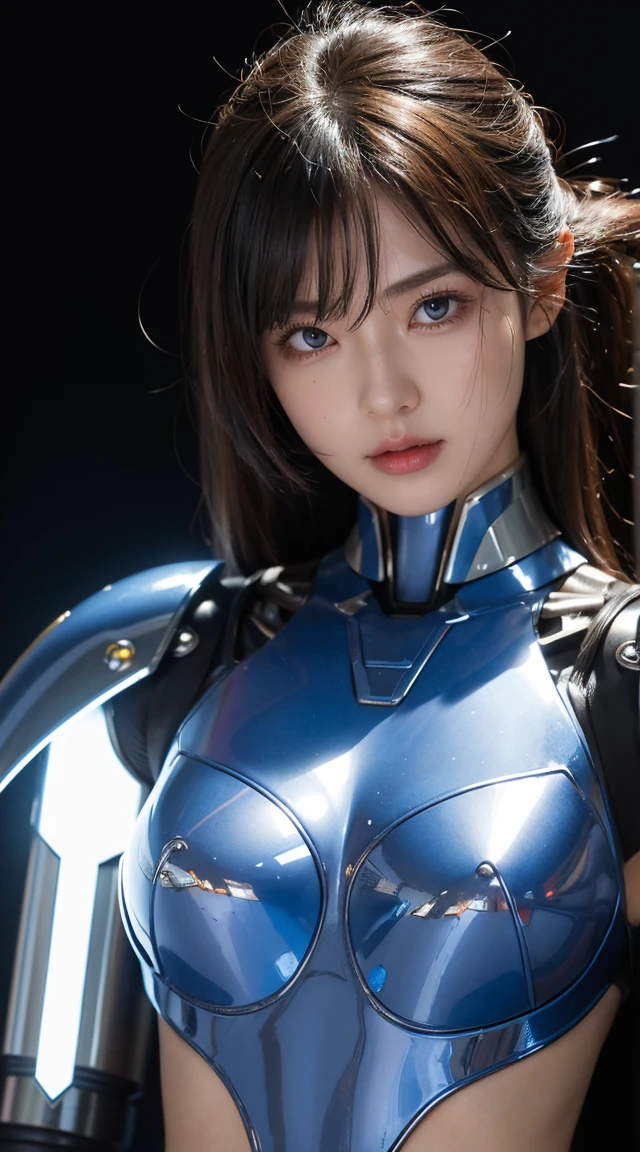 Topic Prompts "atomic heart, mechanical girl" as follows: atomic heart,mechanical girl,(((Wear metal that completely covers your face))), Inorganic, cloudy eyes, Close-up of a woman in a blue suit with spikes on her chest, gynoid cyborg body, super detailed female android, gynoid body, pop up parade figures, cyber japan style armor, shiny plastic armor, blue cyborg, cyber japan armor, Girl designed by Hajime Sorayama, Hajime Sorayama's style