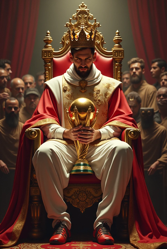 Messi as a king sitting with his worldcup in his hand in his Kingdom with all his people