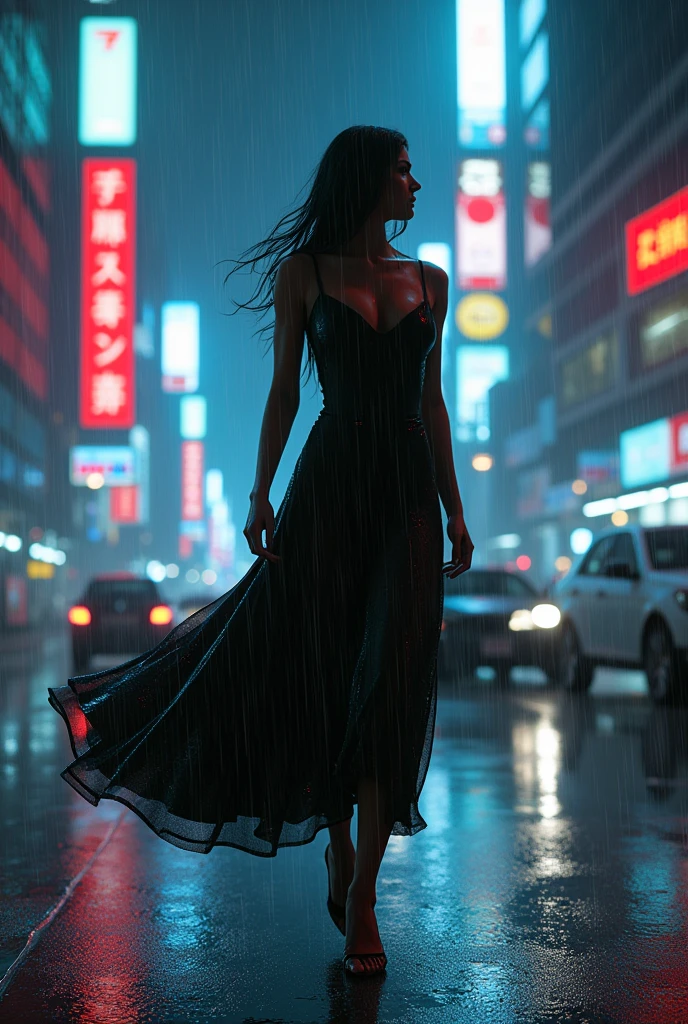 animated:1.5, (head of&#39;artwork, Best quality, high resolution, Fondo de pantalla de unidad de 32K, Extremely detailed CG:1), (weak illustration on stage:1.0), ((une jeune et belle femme habillée en noirdanser sous la rain:1.7 )),(( cyberpunk night city:1.4)), futuristic cars neon signs,dark place, rain, ((wet clothes magenta neon lights perfectly illuminating the young woman:1.45) . 32K