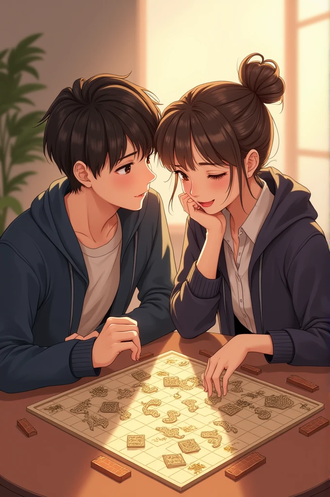 Couple, high school, (boy neat hair, wear uniform and jacket), (girl wear uniform, hair cute bun), play snakes and ladders