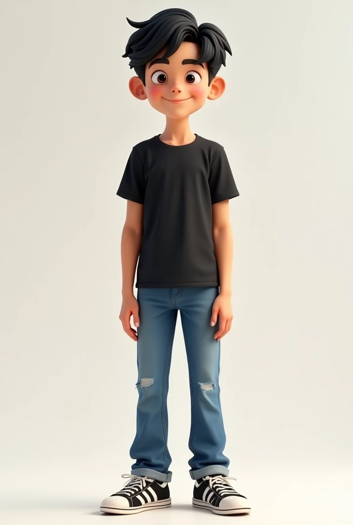Create a image of a ager boy with average height wearing black tshirt and blue jeans black hair in 2d animation style
