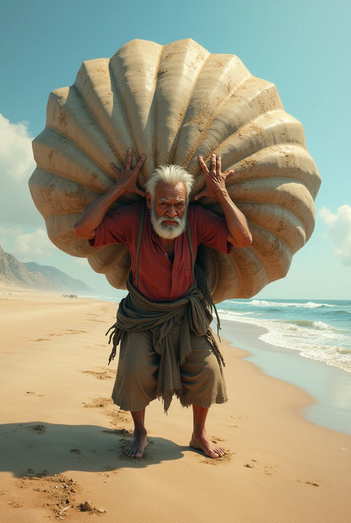I drew a realistic old man with a heavy shell that weighed about 100kg.。
I also want the location to be a sandy beach.