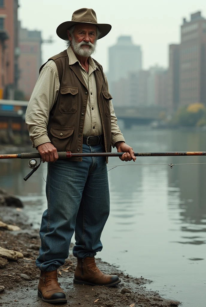 old man, macular, good looking, wearing dirty white Henley, brown cotton waist coat, dark brown jacket, blue jeans, worker style, rugged clothes, white mustache, working hat, leather old shoes, tall man, fishing in new york
