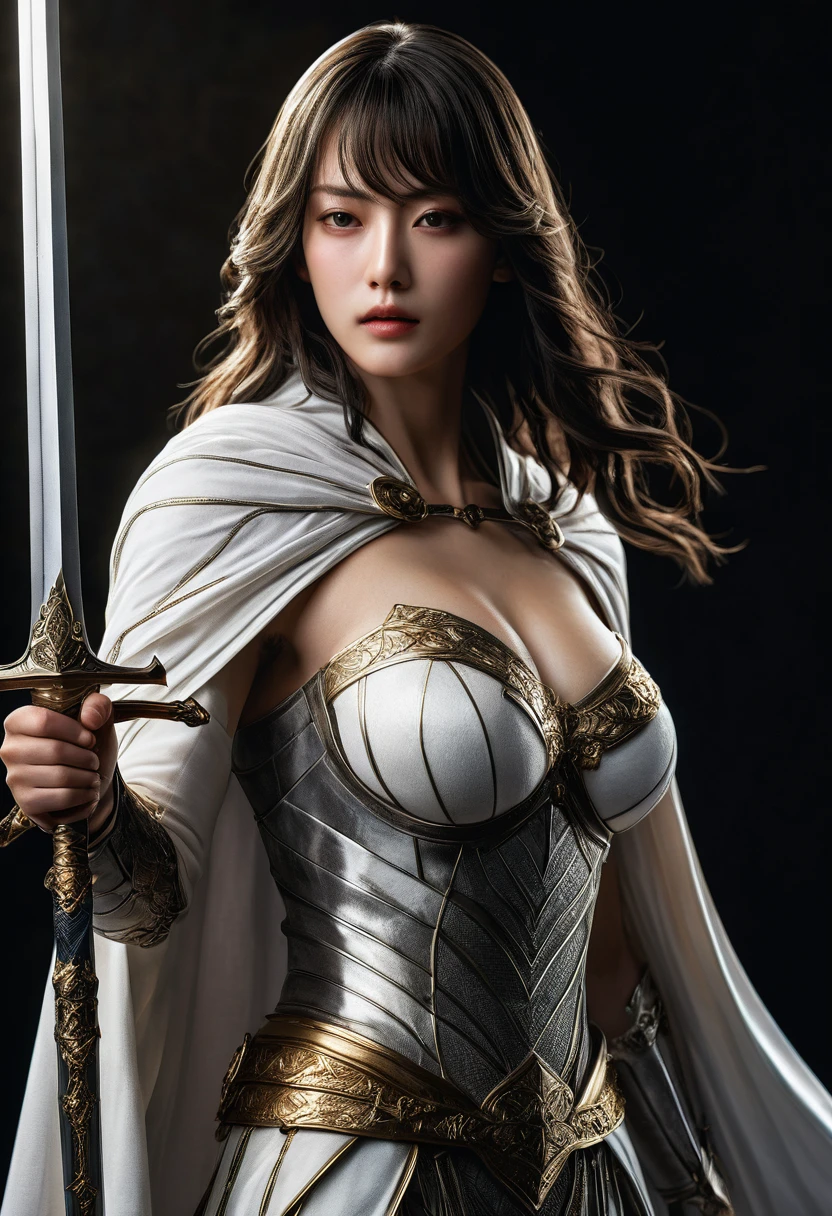 genius idol Akechi, long hair, black hair, subtle makeup, golden hour, photorealistic, high contrast, 8k HD, detailed, hyper-detailed, realistic skin texture, big breast, best quality, ultra high res, raw photo, dramatic lighting, unreal engine, diffuse glow intricate silver eaba, white imperial cape, spear, ((sword)), no helm, intricate details High Quality, 8k, Realistic, Ultra-Detailed, Dramatic Lighting, Soft Focus, Digital Illustration, Intense Expression, Strong Gaze, Intense Emotion, Complex Mechanics, Advanced Technology, Dark Background, Cinematic, High Contrast, Moody, Strict, Atmosphere, (Best Quality, 4k, 8k, High Definition, Masterpiece: 1. 2 ), ultra-detailed, (realistic, graphic, photorealistic:1.37) --no glass