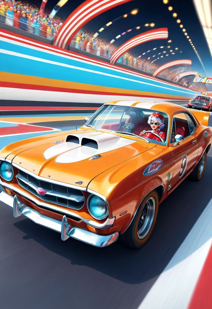 (Motion Blur:1.5), A happy granny in a vintage drag racing car speeding down the race track!. Fast and furious.  A_breathtaking masterpiece artwork by Android Jones, Alberto Seveso, Erin Hanson. maximalist highly detailed and intricate professional photography, a_masterpiece, 8k resolution concept art, Artstation, festive colors, Unreal Engine 5, cgsociety octane photograph, race track Scene!!! Candy art style! Whimsical playful colorful! candy!!! 🍬🍭 Candyland art!! “Hyperrealistic hyperdetailed highly detailed, digital illustration” postmodernism, artstation, poster art, dynamic lighting, cel-shaded, ray tracing reflections