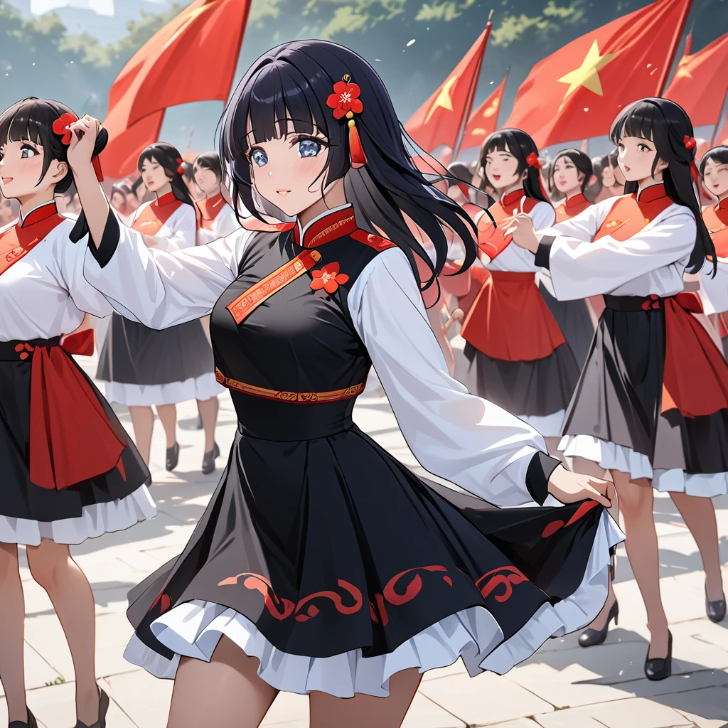 ((Highest quality)), ((masterpiece)), (detailed), (Perfect Face)、The woman is Aoki Reika, has medium-long hair and is a member of the Chinese Communist Party.、A woman wears a Chinese Communist Party folk dance costume and performs Chinese folk dance for China with female members at a Communist Party rally.